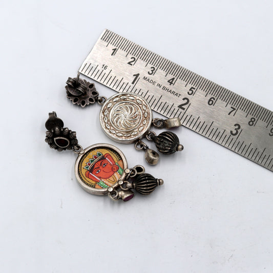 Sterling silver Lord Ganesha miniature painting drop dangle earring by Tribal Ornaments, featuring detailed Ganesha art design