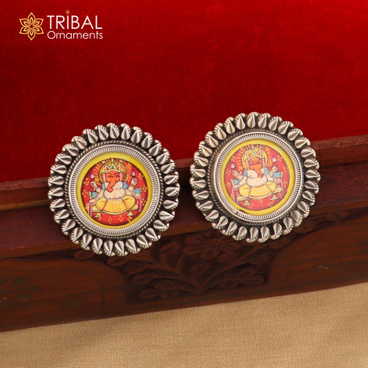 925 sterling silver Lord Ganesha miniature art painting hoops earrings by Tribal Ornaments featuring detailed Ganesha design.