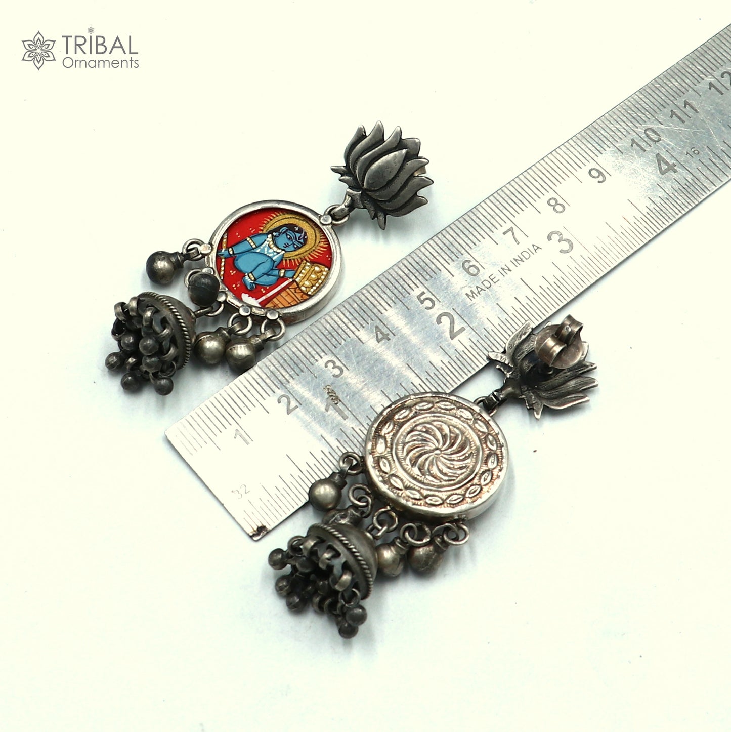 Sterling silver Lord Krishna miniature painting hoops earrings by Tribal Ornaments featuring detailed traditional artwork.
