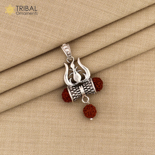 925 sterling silver Lord shiva trident shape rudraksha beads pendant pendant for unisex ssp317 - TRIBAL ORNAMENTS