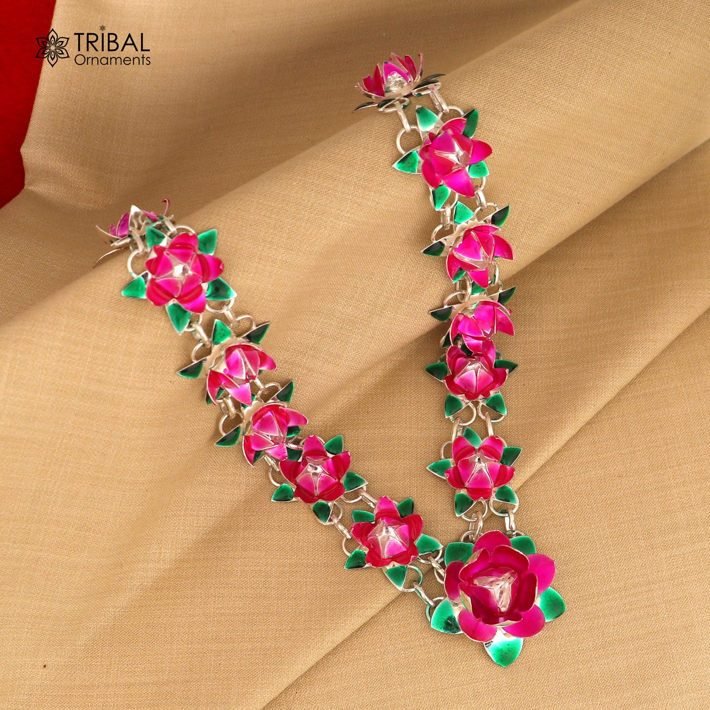 925 sterling silver lotus flower design necklace for idols or god statues a jewelry set763 - TRIBAL ORNAMENTS