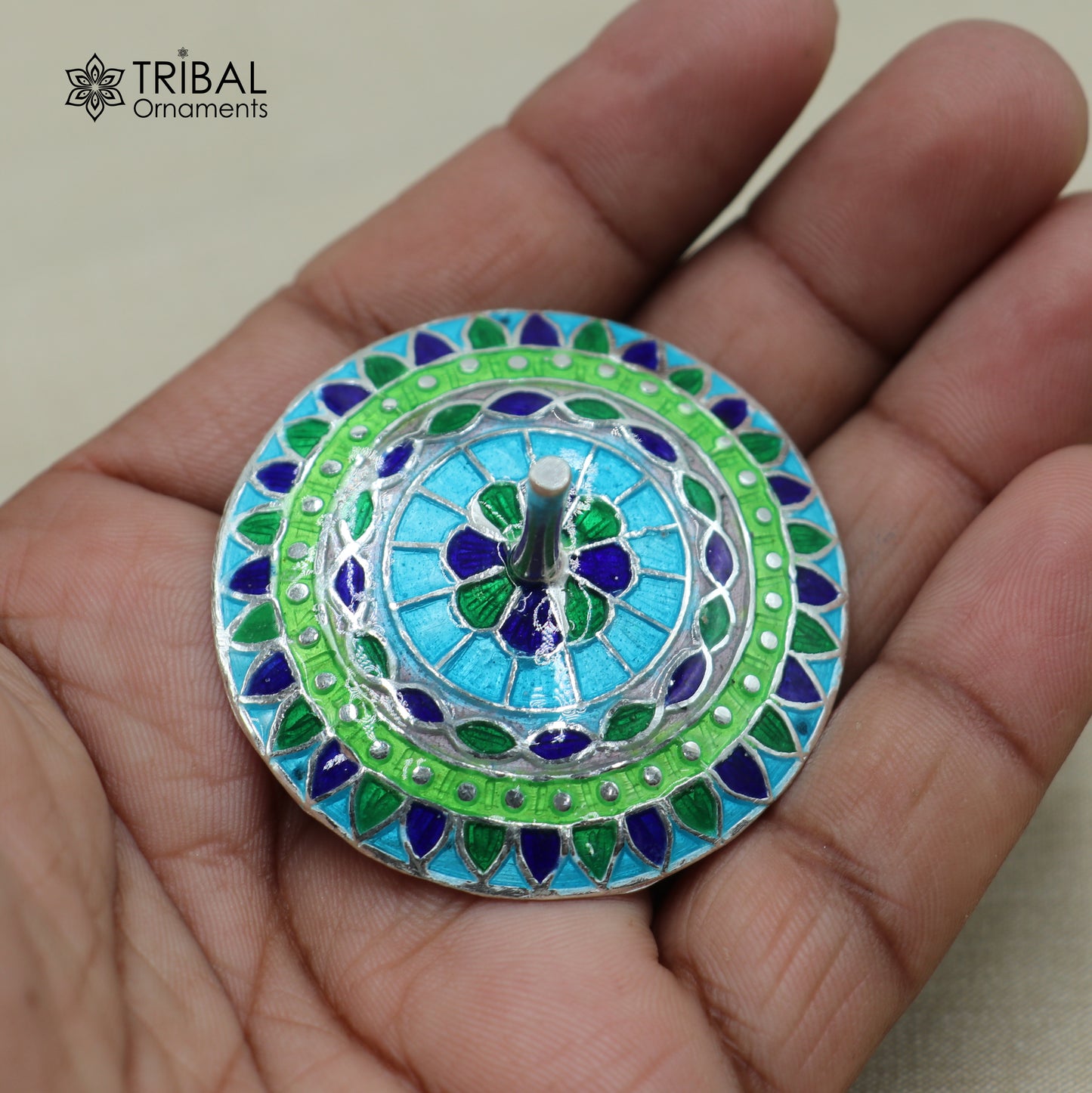 925 sterling silver mandala meenakari design Firki or Lattu toy silver toy for your baby Krishna idols article art852 - TRIBAL ORNAMENTS