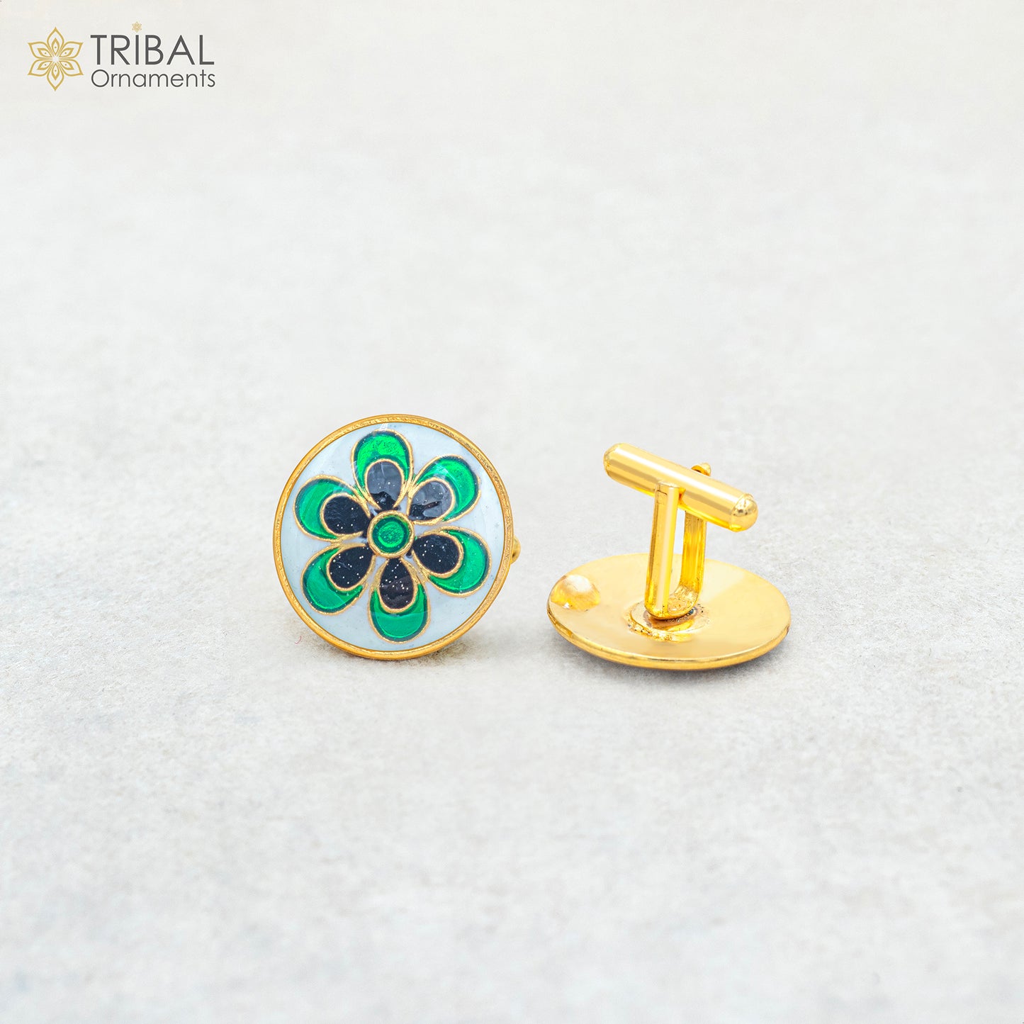 925 Sterling silver minakari flower design gold polished cufflinks set of 2 pc for men's coat or suit btn106 - TRIBAL ORNAMENTS