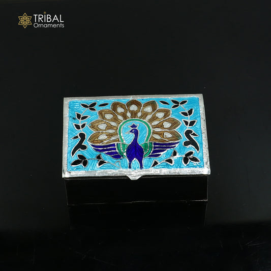 925 sterling silver minakari peacock design trinket ,casket,container, Sindoor box brides jewelry stb870 - TRIBAL ORNAMENTS