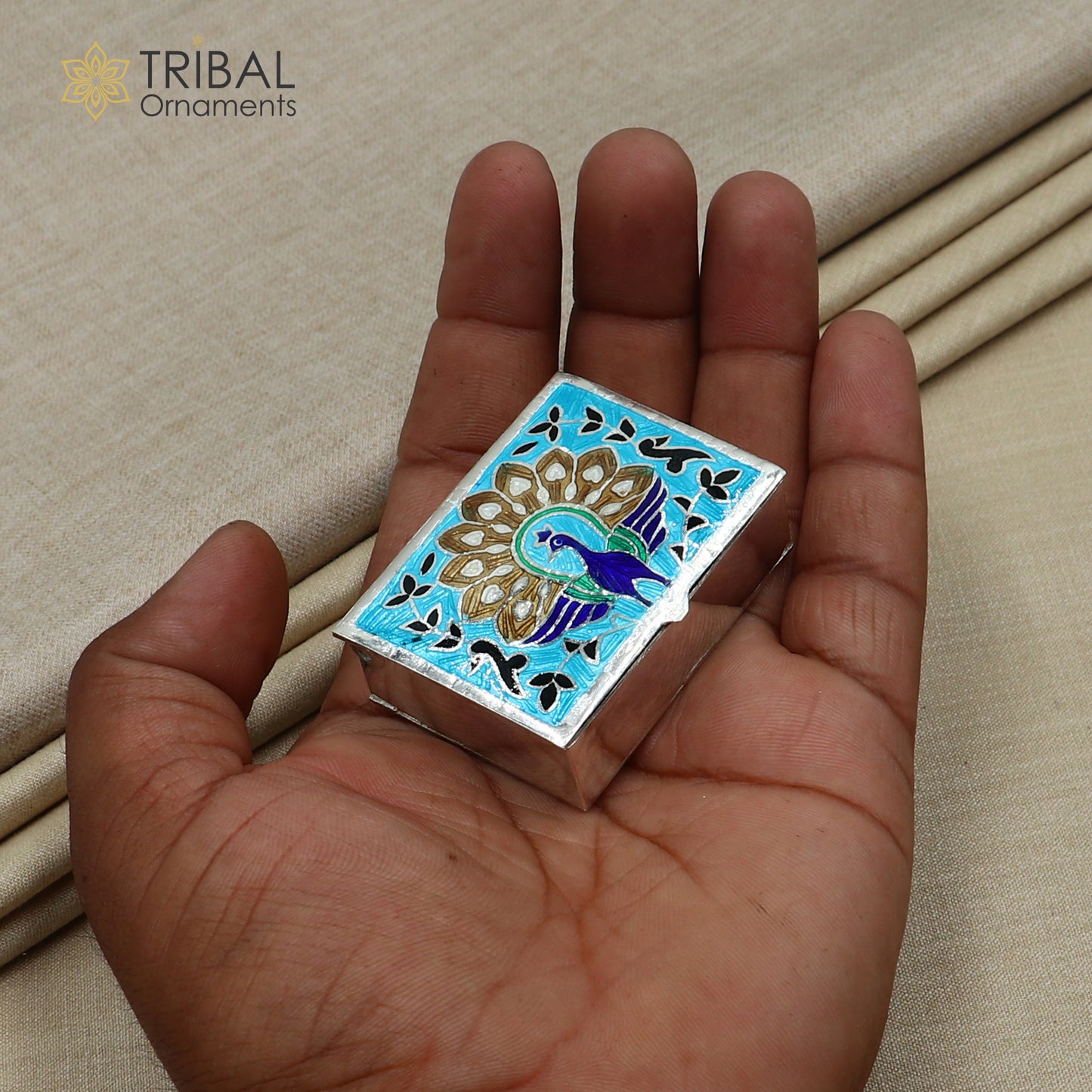 925 sterling silver minakari peacock design trinket ,casket,container, Sindoor box brides jewelry stb870 - TRIBAL ORNAMENTS