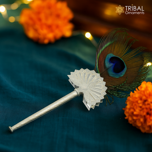 925 sterling silver Mor chhadi with peacock feather, Lord Krishna Laddu Gopal gift, silver pankhi, traditional tribal ornament.