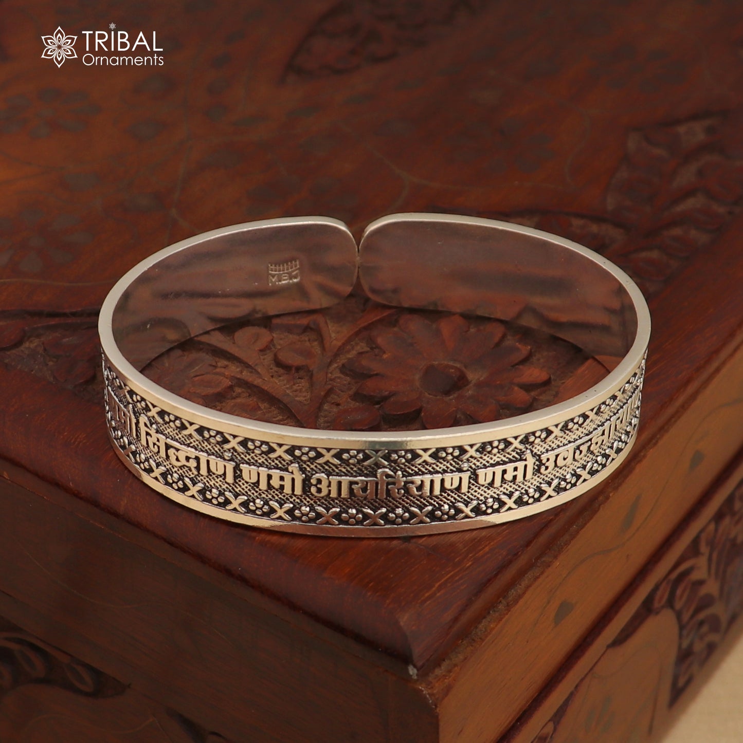 925 sterling silver Navkar Mantra bangle cuff for unisex jewelry by TRIBAL ORNAMENTS, featuring intricate mantra engravings.