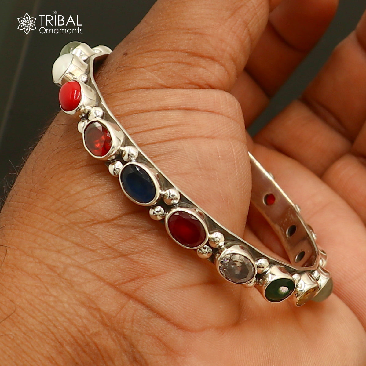 925 sterling silver navratna stone bangle bracelet kada women jewelry ba442 - TRIBAL ORNAMENTS