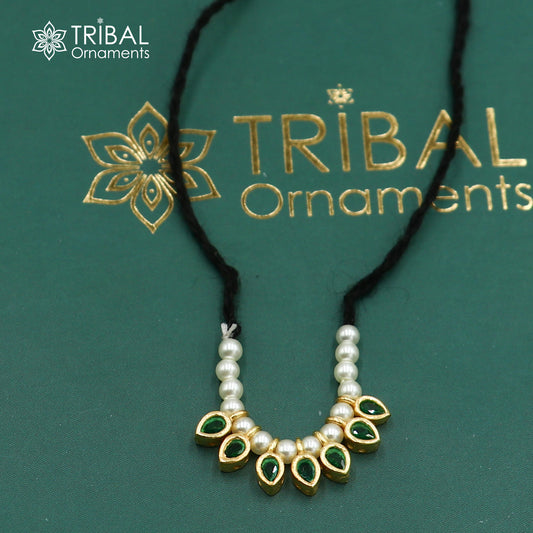 925 sterling silver pearl style green stone necklace for idols or god statues gold polished jewelry set781 - TRIBAL ORNAMENTS