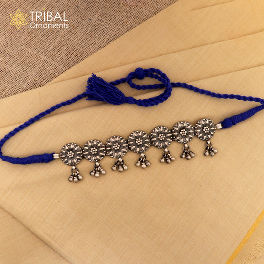 925 sterling silver round floral choker necklace with ethnic tribal charm, part of the Tribal Ornaments jewelry set.