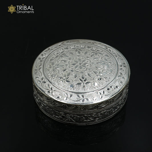 925 Sterling silver round shape trinket box , casket box , sindur box pooja utensils su1350 - TRIBAL ORNAMENTS