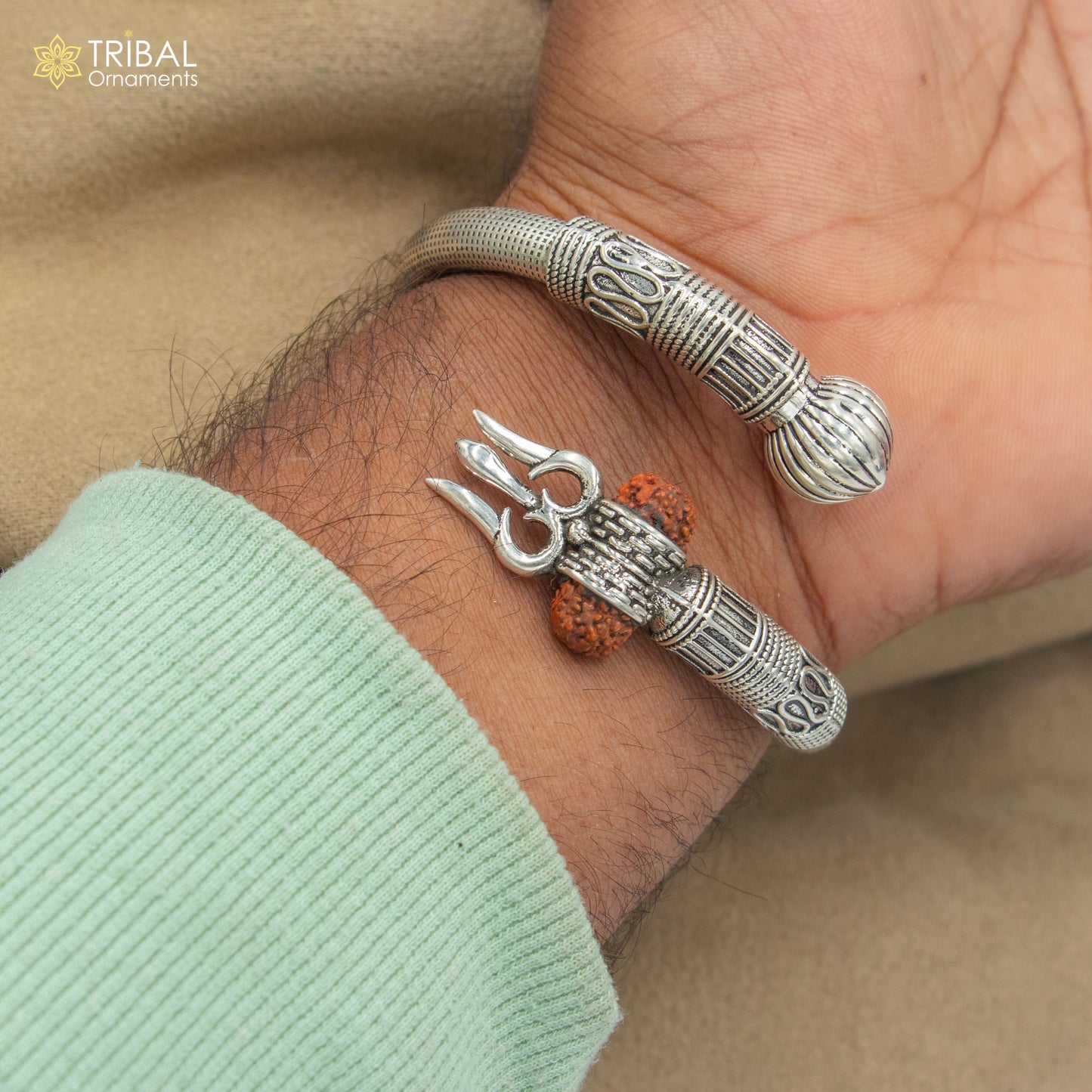 925 Sterling silver shiva trishul and rudraksha bangle bracelet kada tribal jewelry nsk905 - TRIBAL ORNAMENTS