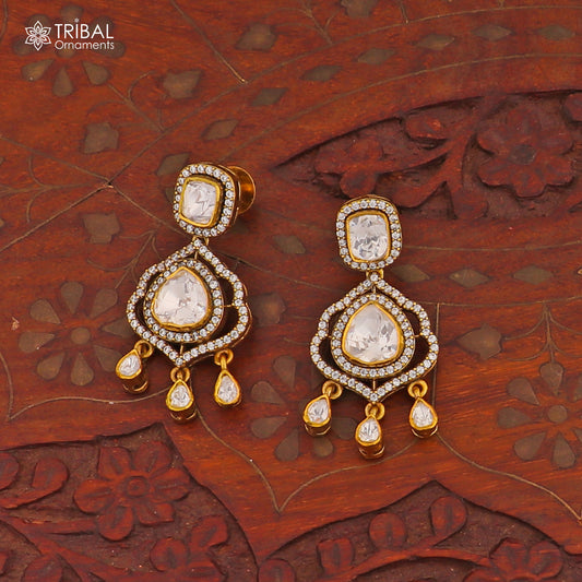 925 sterling silver stylish design white kundan stud polki style earring er213 - TRIBAL ORNAMENTS