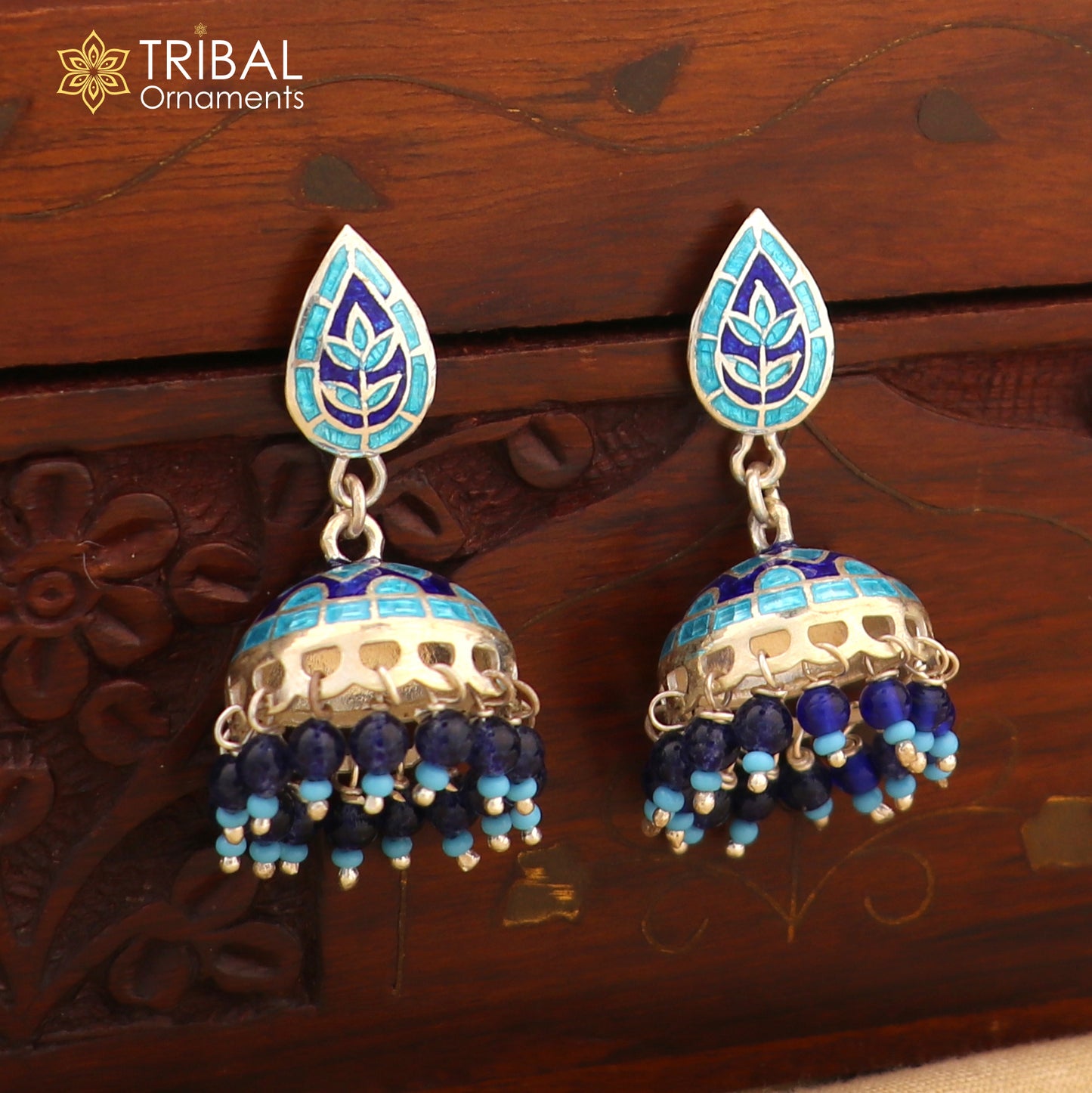 925 sterling silver stylish minakari design jumka earring er220 - TRIBAL ORNAMENTS