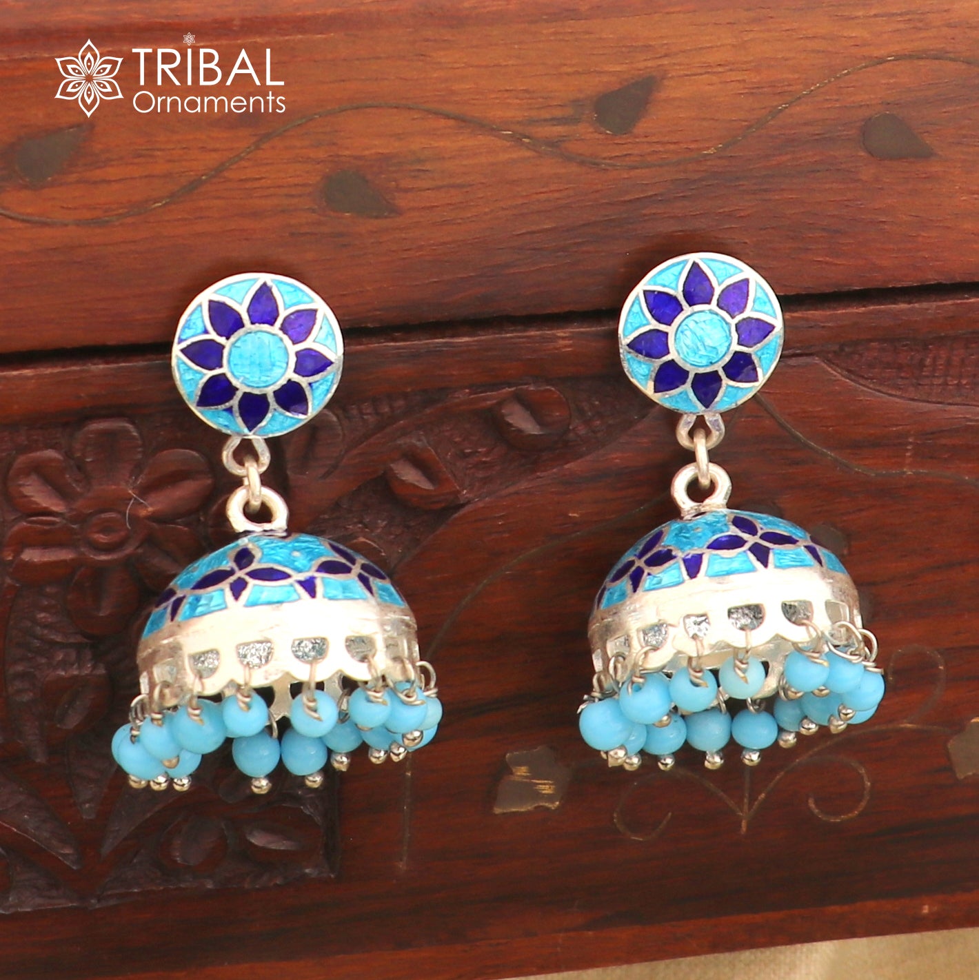 925 sterling silver stylish minakari design jumka earring er254 - TRIBAL ORNAMENTS