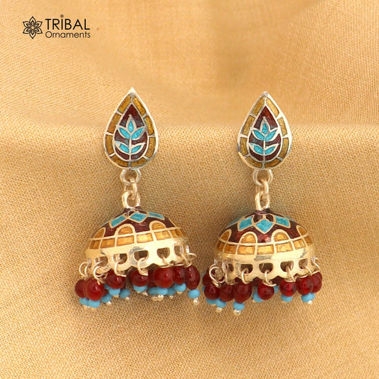 925 sterling silver stylish minakari design jumka earring er255 - TRIBAL ORNAMENTS