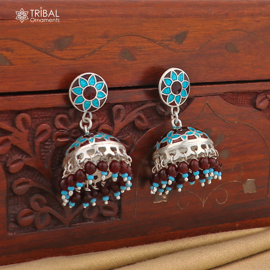925 sterling silver stylish minakari mandala design jumka earring er215 - TRIBAL ORNAMENTS