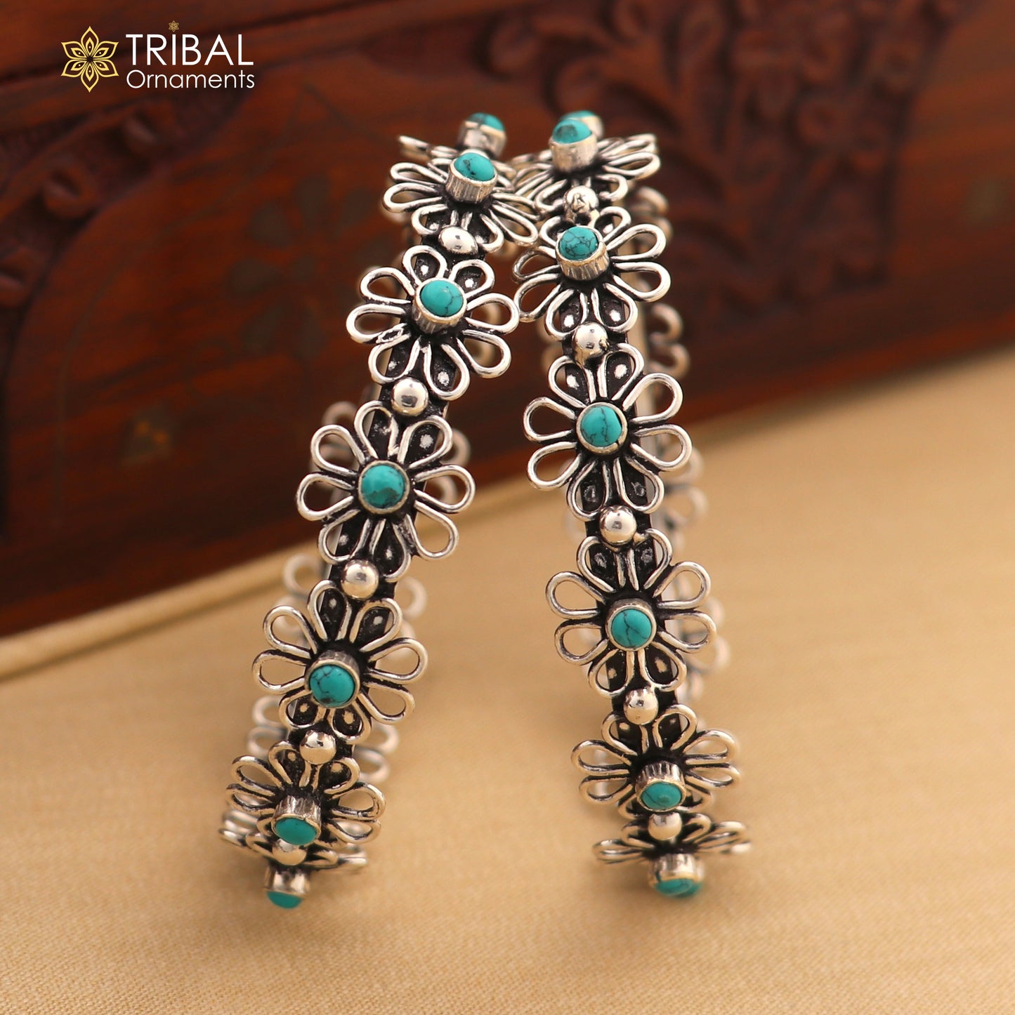 925 sterling silver turquoise stone flower design bangle bracelet jewelry nba440 - TRIBAL ORNAMENTS