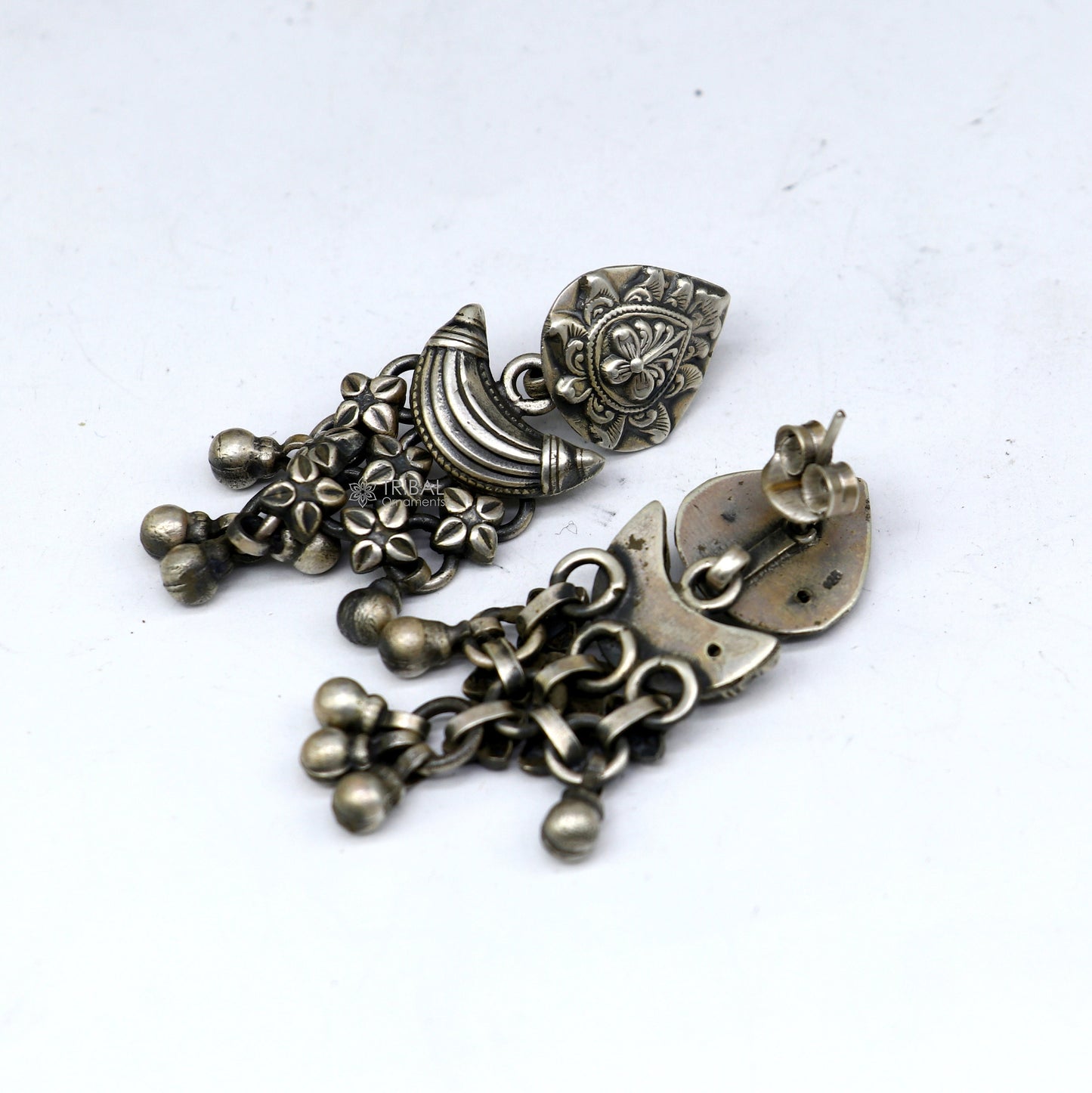 925 sterling silver unique work floral design stud earrings with hanging drops ethnic brides jewellery India s1316 - TRIBAL ORNAMENTS
