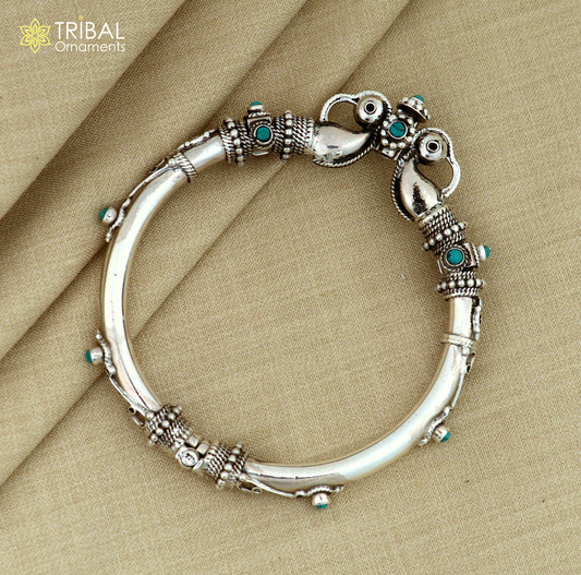 Sterling silver vintage peacock bangle with turquoise stone, tribal ethnic jewelry by Tribal Ornaments.