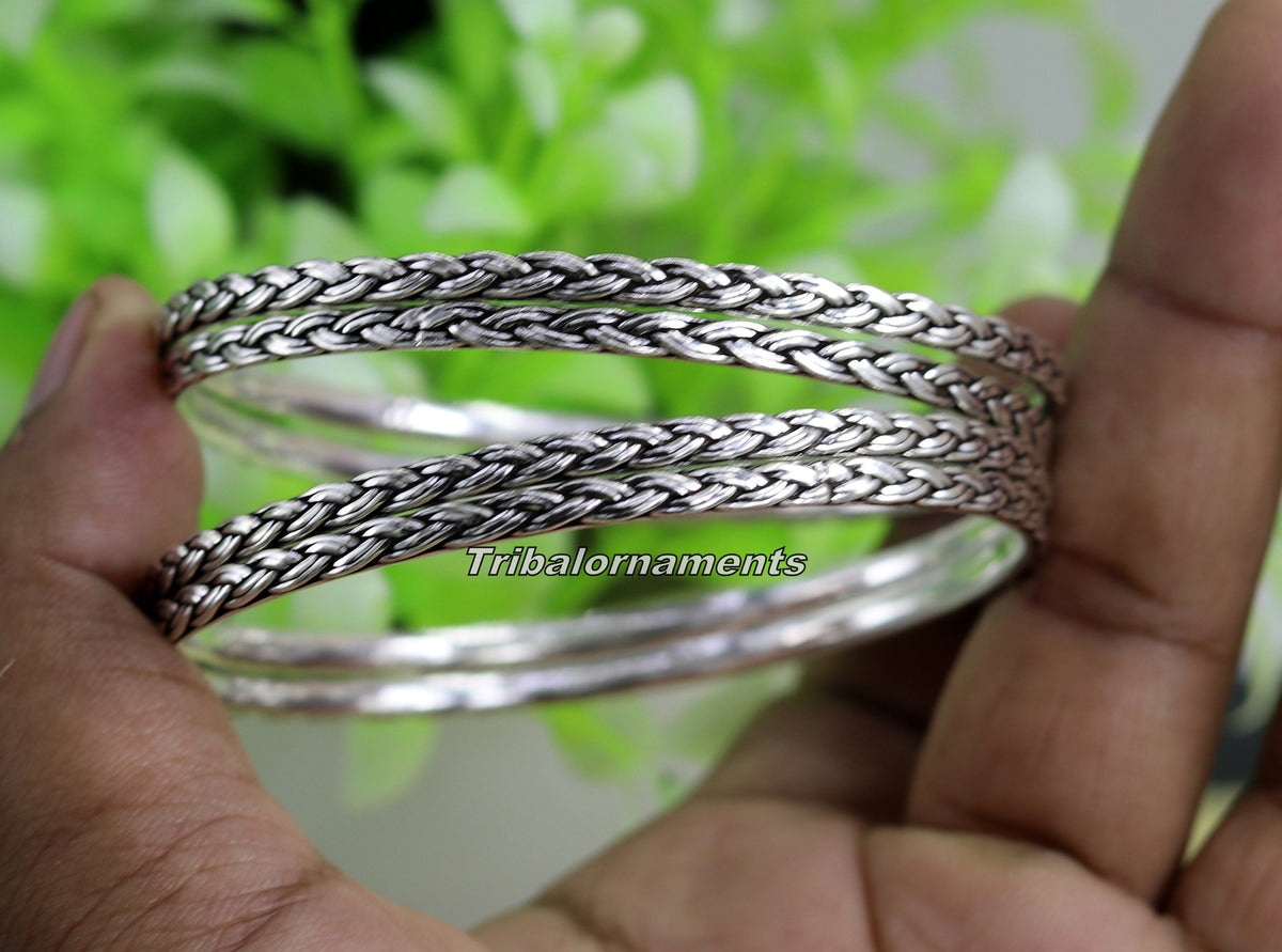 Sterling silver wheat-style bangle bracelet with rope design, perfect for belly dance jewelry, by TRIBAL ORNAMENTS.