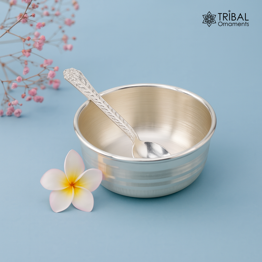 999 fine silver handmade small baby bowl and spoon set, silver tumbler, flask, stay baby/kids healthy, silver vessels utensils sv47 - TRIBAL ORNAMENTS