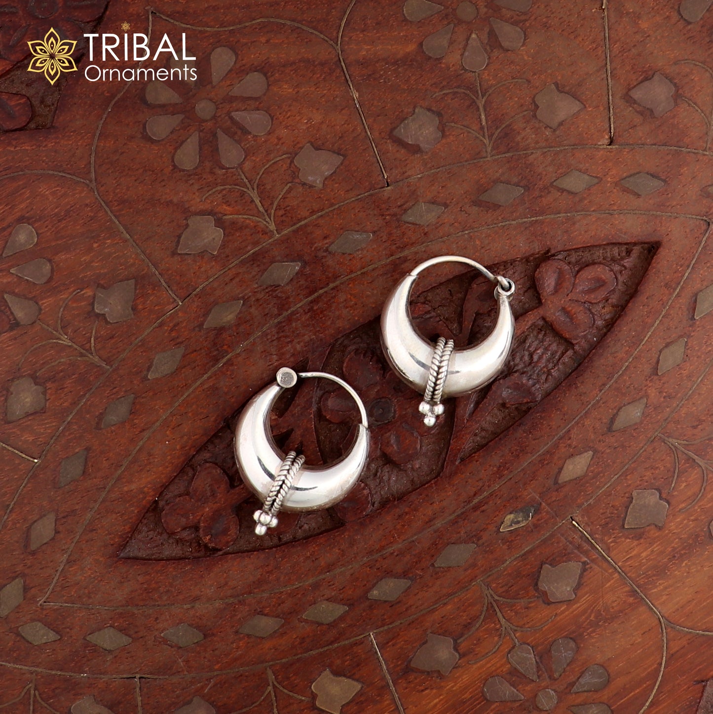Exclusive 925 sterling silver Handmade vintage ethnic style hoops earrings Kundal unisex tribal stylish unique Bali jewelry India ear1236 - TRIBAL ORNAMENTS