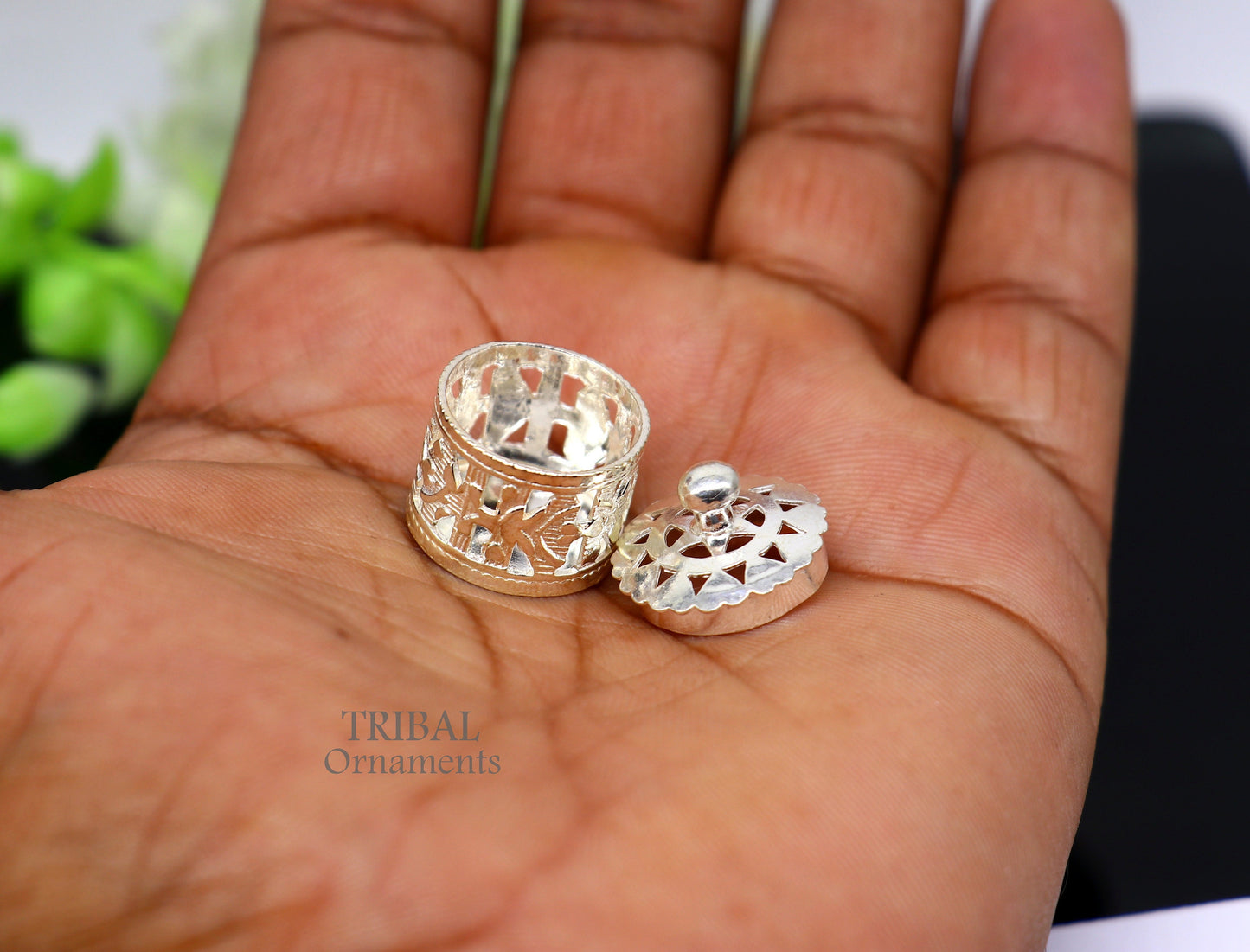 Small sterling silver Kapoor or perfume Attar holding box by Tribal Ornaments, decorative jewelry or trinket storage container.