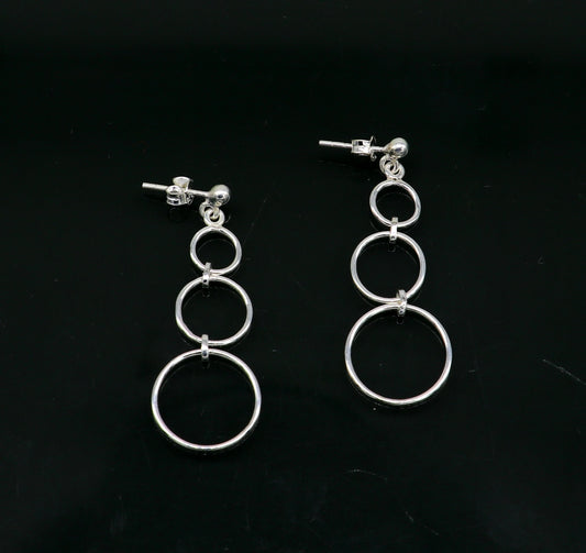 Genuine 925 sterling silver 3-circle dainty stud earring with drop dangle geometric design, stylish gift for her.