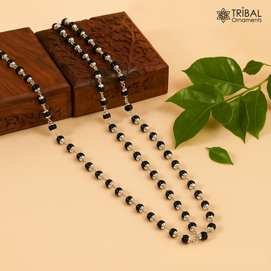 Handmade 925 sterling silver black beaded Nazariya chain for girls and kids, featuring intricate tribal design.