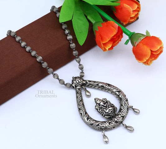 Indian traditional cultural style trendy 925 sterling silver Ganesha pendant with beaded necklace, choker tribal ethnic jewellery set338 - TRIBAL ORNAMENTS