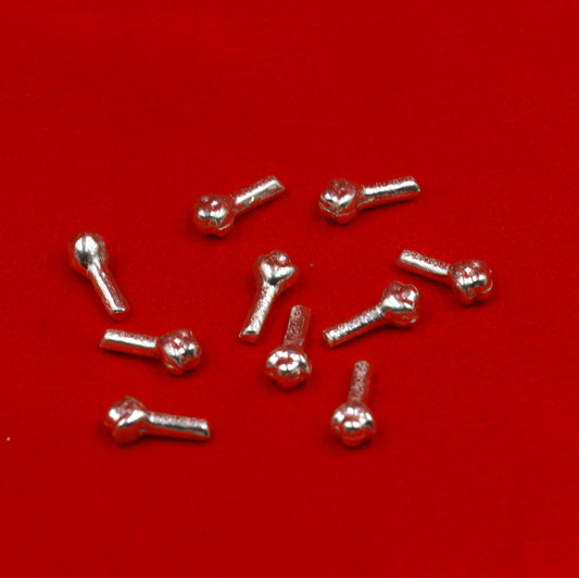 Set of 10 handmade 925 Sterling silver cloves for puja, crafted by Tribal Ornaments, ideal for gifting idols and religious ceremonies.