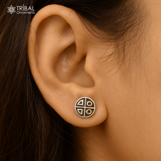 Mythra round shape 925 pure silver unisex stud earring jewelry s1401 - TRIBAL ORNAMENTS