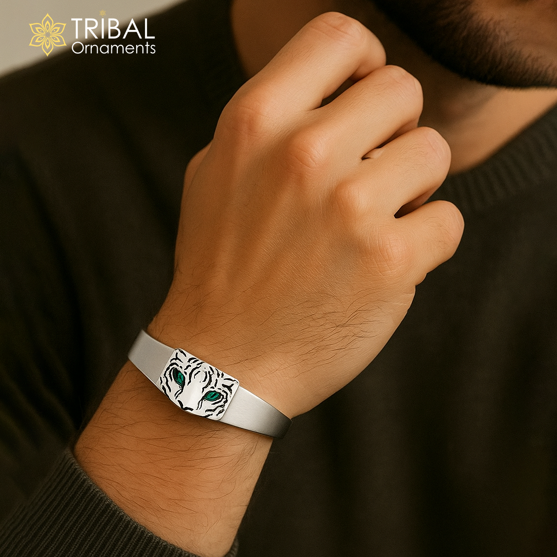 Silver tiger 925 sterling silver cuff bangle for men, tribal-inspired jewelry with detailed tiger design from TRIBAL ORNAMENTS.