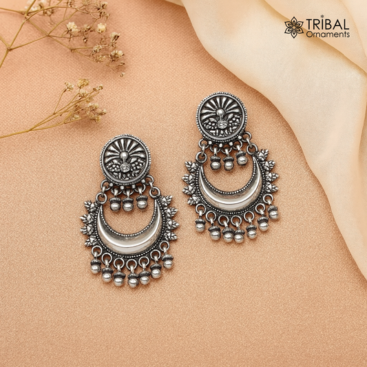 Oxidized 925 sterling silver tribal earrings with half moon design, hanging bells, stud and drop dangle style for wedding or party jewelry.