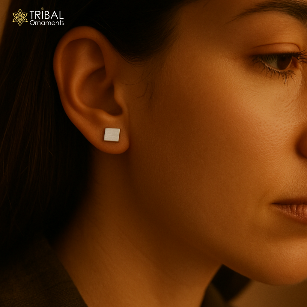 Silva square shape stud 925 pure silver unisex stud earring jewelry s1403 - TRIBAL ORNAMENTS