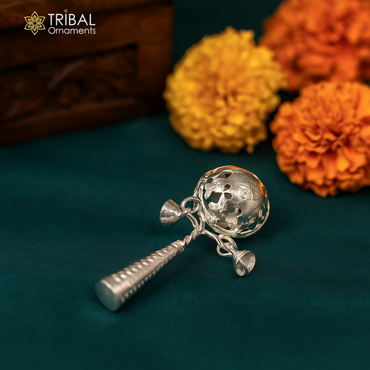 Sterling silver handmade baby Krishna gifting bells toy, featuring a silver whistle and temple design, ideal for newborn gifting.