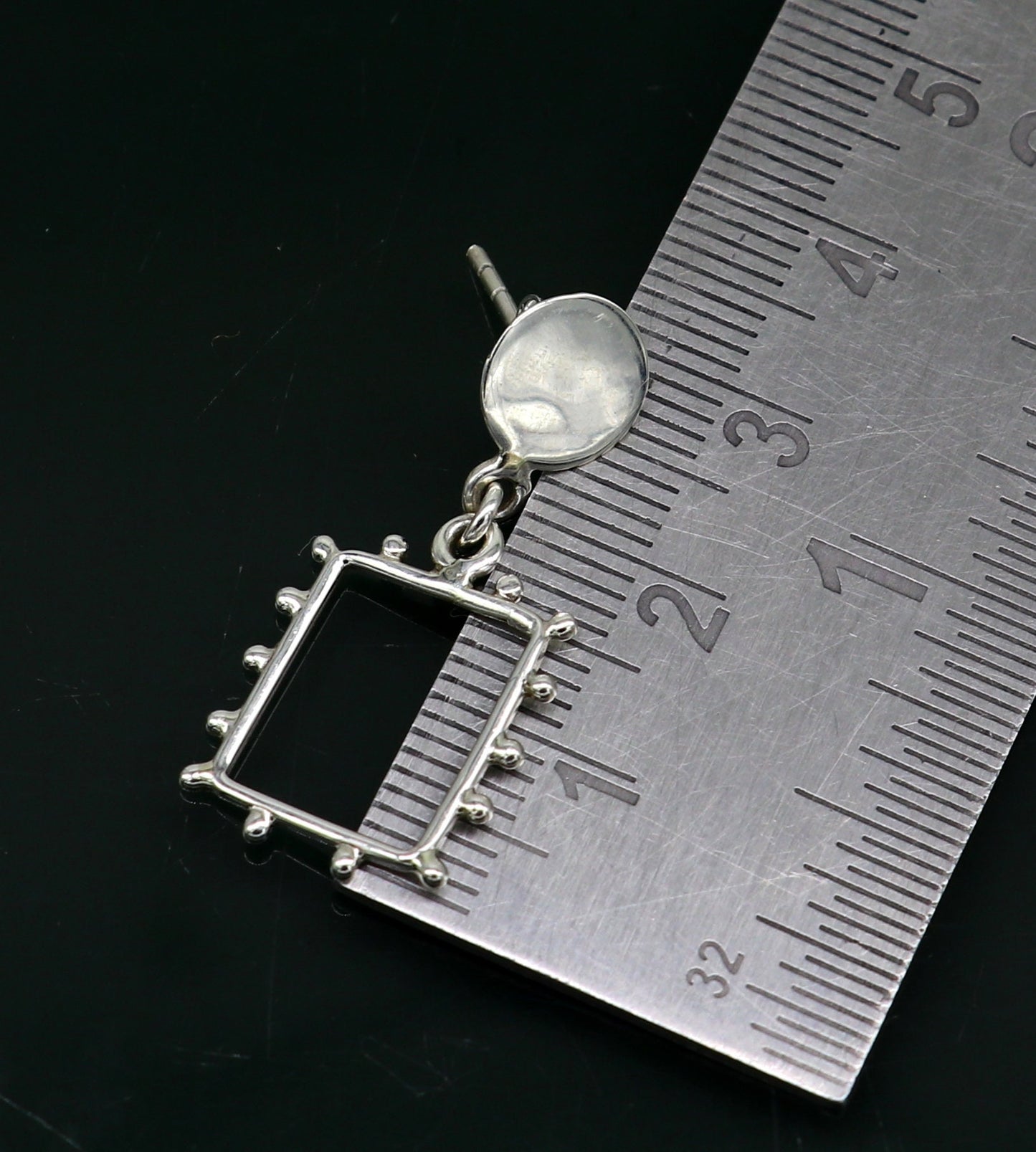 Square-shaped 925 sterling silver drop dangle hoops earrings by TRIBAL ORNAMENTS, shiny and elegant for brides or gifting.