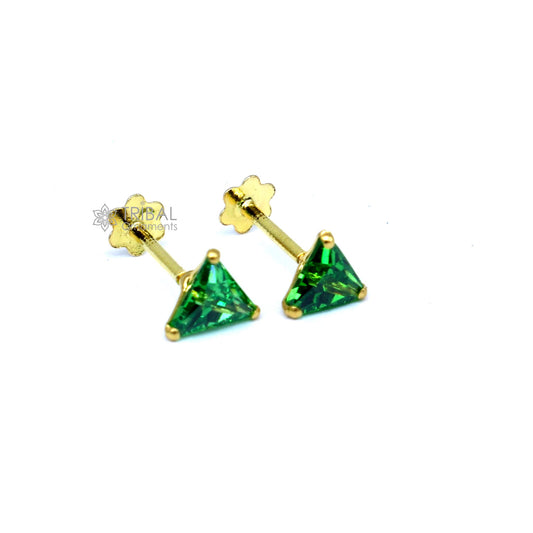 Triangle shape 4MM 18kt yellow gold handmade single green stone back screw star shape stud earring cartilage unisex jewellery er186 - TRIBAL ORNAMENTS
