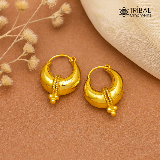 Vintage handmade 925 sterling silver and gold polished boho hoop earrings with tribal Bali Banjara design.