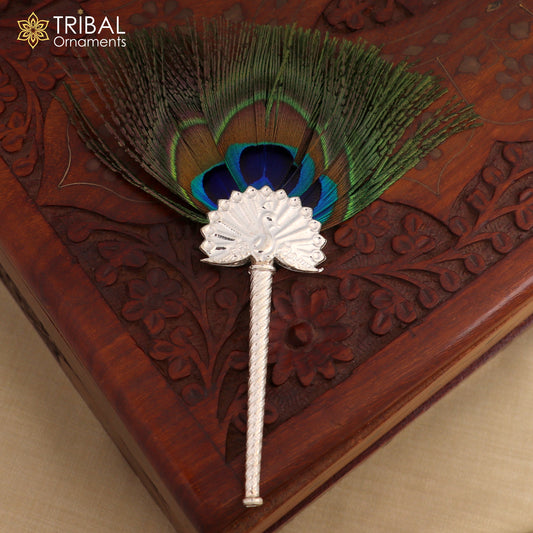 Vintage antique style handmade Mor chhadi, with peacock feather, best lord krishna laddu gopal gift, silver pankhi silver mor chadi su611 - TRIBAL ORNAMENTS