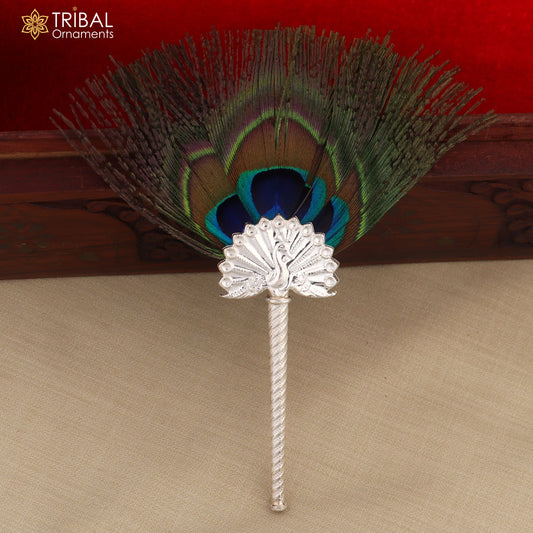 Vintage handmade Mor Chhadi with peacock feather, silver Lord Krishna ornament, crafted by TRIBAL ORNAMENTS.