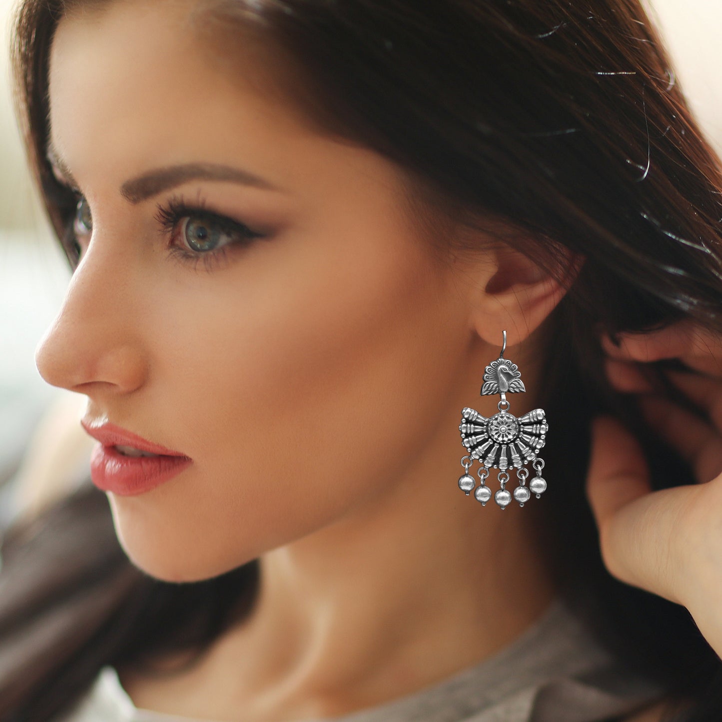 Vintage sterling silver peacock hoop earrings with hanging bells, tribal jewelry for belly dance, handmade by TRIBAL ORNAMENTS