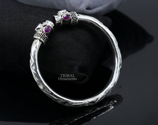 Vintage tribal 925 sterling silver stone bangle cuff bracelet with adjustable twisting design, Indian tribal jewelry style.