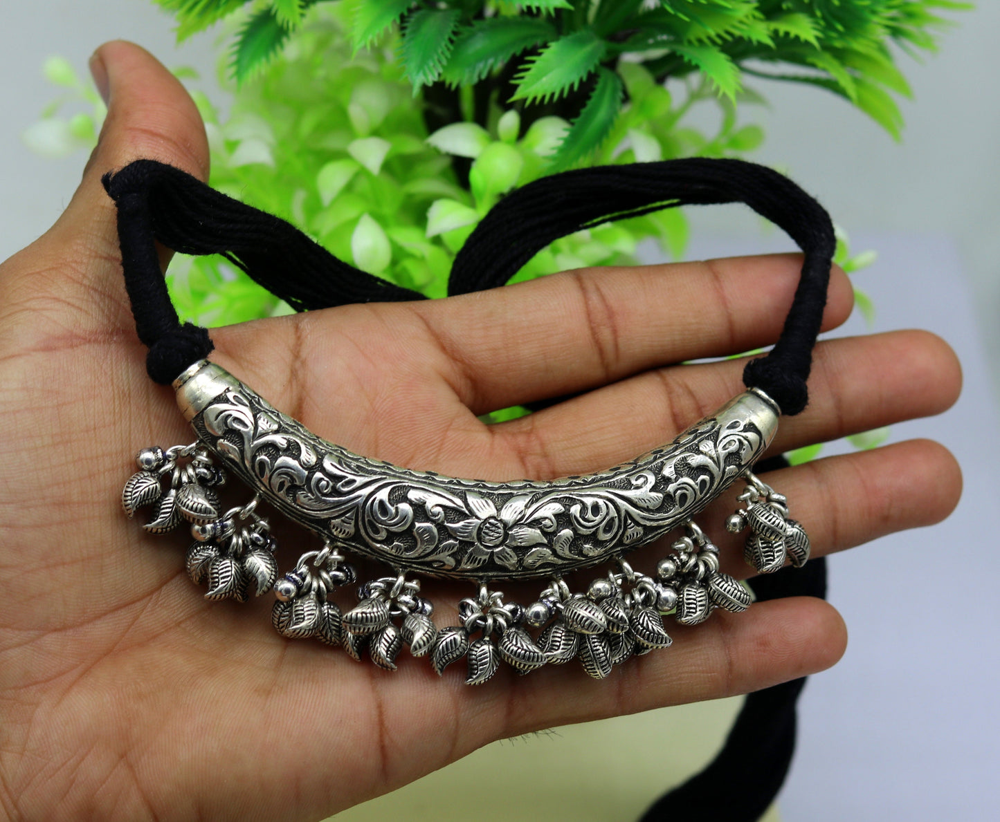 Vintage Indian tribal silver necklace with customized chitai and kandrai charms, featuring traditional sterling silver design.