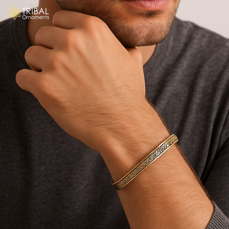 Virasat style 925 pure silver men's cuff bangle by Tribal Ornaments, featuring traditional tribal design and polished silver finish.