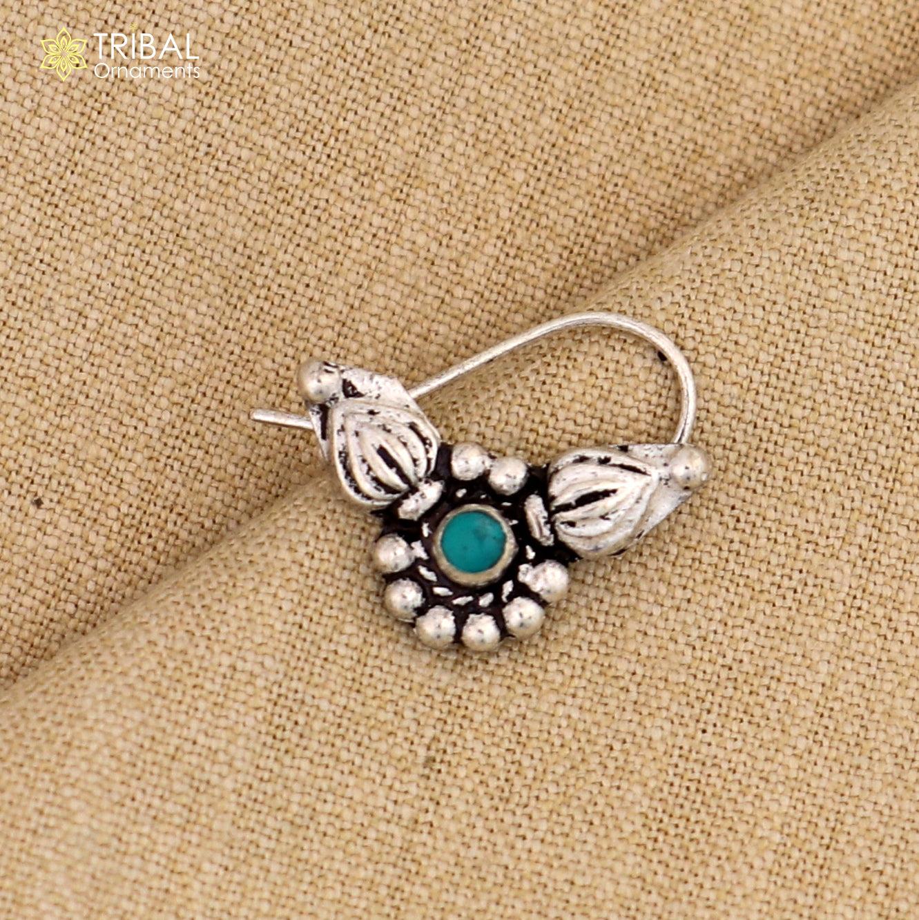 Sterling silver vintage round nose pin with red stone, tribal design, ethnic tribal jewelry, handcrafted nose pin.