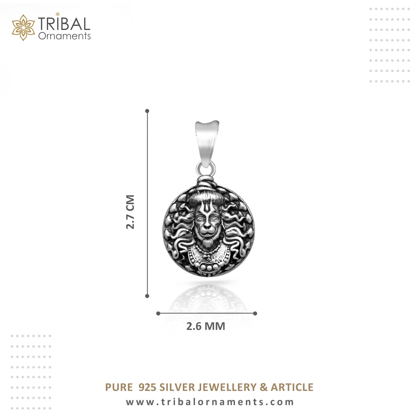 Handmade 925 sterling silver Lord Hanuman Ji pendant featuring tribal ornament design, crafted by TRIBAL ORNAMENTS.