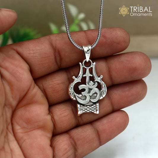 925 sterling silver shiva trident with om mantra Pendant with chain tribal jewellery nsp1052 - TRIBAL ORNAMENTS
