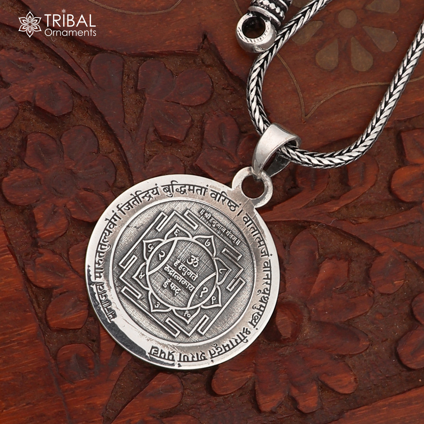 925 Sterling silver Shree Hanuman Yantra pendant, ethnic jewelry piece with intricate design and traditional Indian motifs.